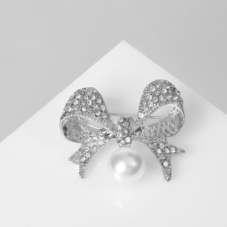 Brooch "Pearl" classic bow, white color in silver