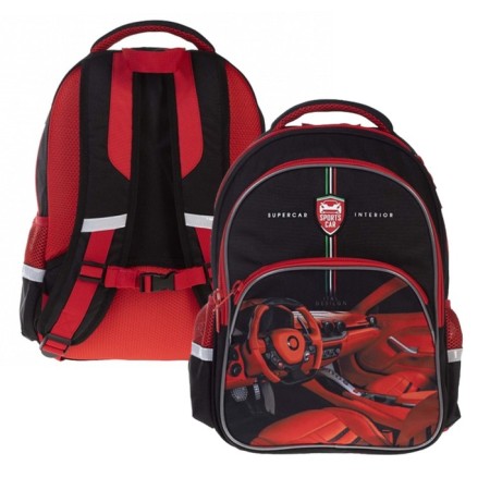 School backpack 41 x 29 x 16 cm, ergonomic back, Hatber Easy, Sport Car, Black/Red NRK_88069