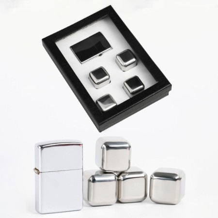 Gift set: gasoline lighter and cubes for stainless steel whiskey 4 pcs