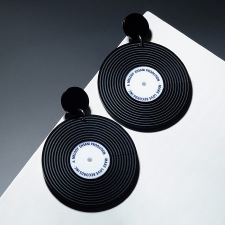 Acryl Earrings "vinyl" records, black and white color-3