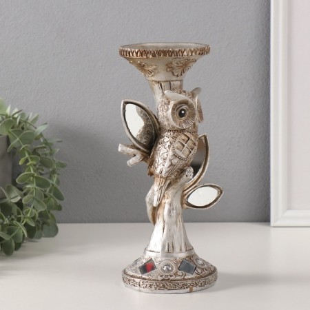 Polystone candlestick for 1 candle "Owl on a tree with mirror leaves" 11.5x9x24.2 cm-1