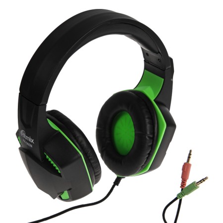 Ritmix RH-560M Gaming headphones, game, full-size, microphone, 3.5mm, 1.8 m, black and green-1