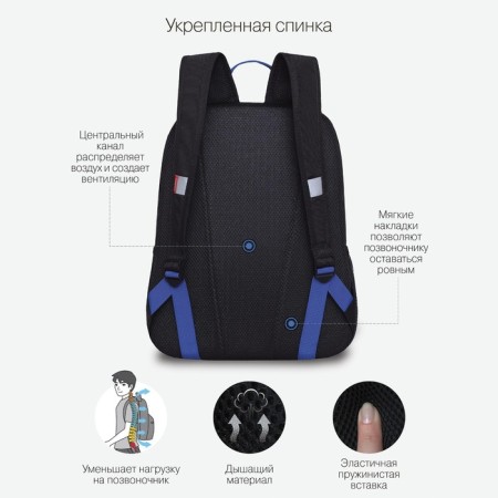 Youth backpack 38 x 29 x 16 cm, Grizzly, ergonomic back, laptop department, black/blue-2