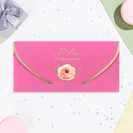 Money envelope "On Birthday!" pink, soft-tach, embossing, 19 x 9 cm