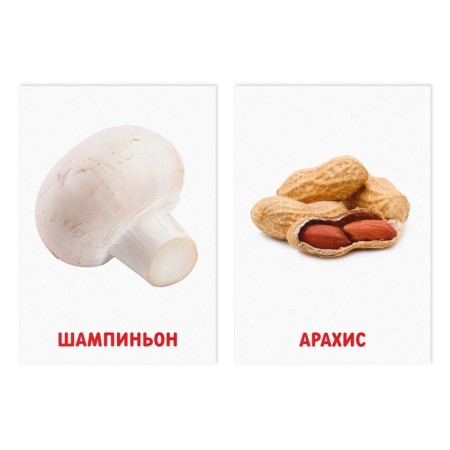 Educational cards according to the method of Glena Doman "Mushrooms and Nuts", 8 cards, 3+-1
