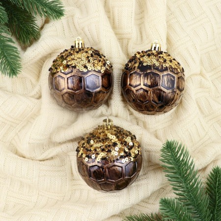 Set of balls plastic D-8 cm, 3 pcs "Fairytale patterns" snowflakes, golden brown