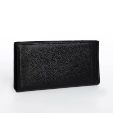 Male purse without fastener, department for bills, for maps, for coins, black color