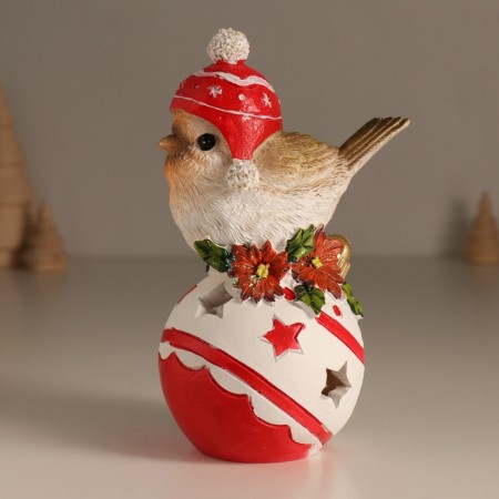 Souvenir Polystone Light "Bird in a hat with pompons on a Christmas ball" 7.5x9.5x15 cm-4
