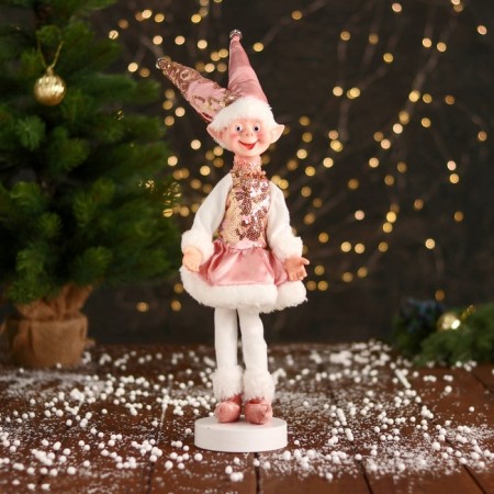 New Year's jester "in a dress with sequins and fur" 30 cm, pink-white