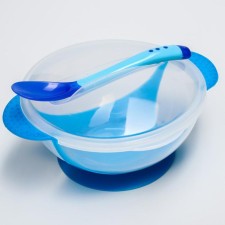 Set for feeding, 3 items: a plate on a suction cup 350 ml, cover, thermal engine, blue color