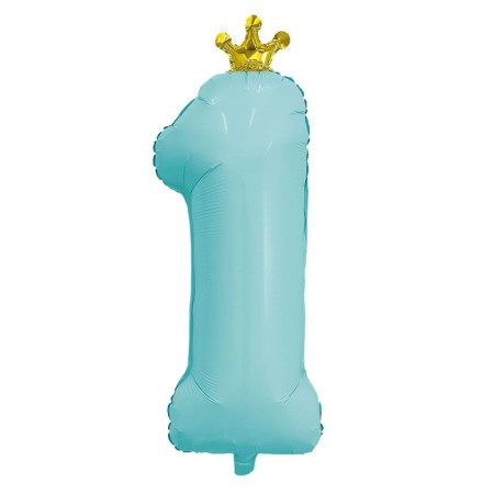 Foil ball 32 “number 1”, with a crown, mystic aquamarine, individual packaging