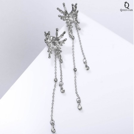 Hanging earrings with rhinestones "Firebird" drops and beads on a chain, white color in silver, 11 cm-1