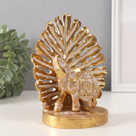 Souvenir Polystone "Golden Elephant at the Palm Leaf" 14.5x9x17.5 cm-1