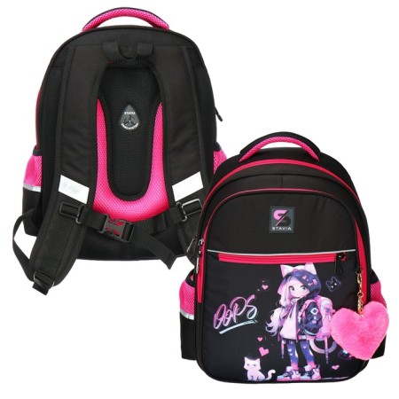 School backpack, 40 x 33 x 19 cm, ergonomic back, Stavia "anime", black/purple