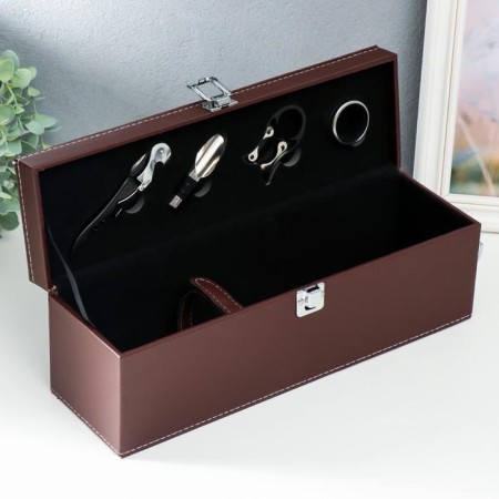 Casket wood, leatherette to the bottle "Brown with a white line" 4 objects 36x11x12 cm-2