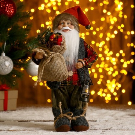 Santa Claus "in a checkered fur coat, with a flashlight and a bag" 30 cm