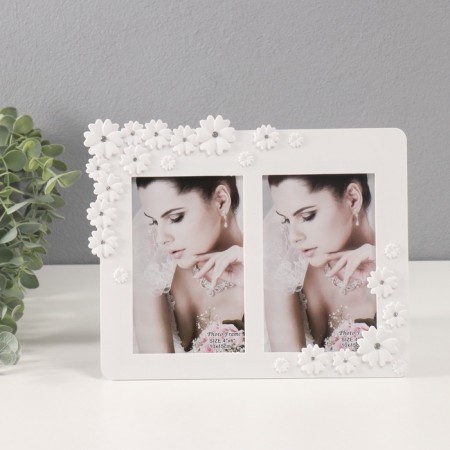 Photo frame plastic in 2 photos 10x15 cm "forget -me -nots" white, rhinestones 25x21 cm