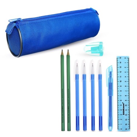 Cleaning set 10 items (penalty tubus 65 x 210 mm, handle 4 pieces blue, ruler 15 cm, sharpener, pencil 2 pieces, textbook), blue