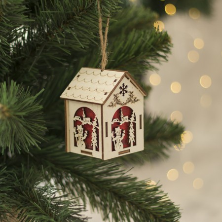 Christmas tree toy "House with a snowman", from batteries, a glow of warm white-1