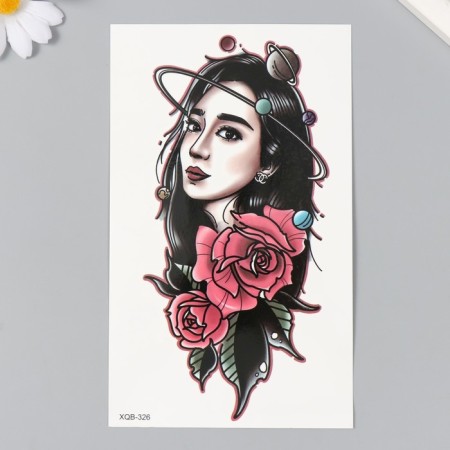 Black tattoo on the body, color "girl, space and roses" 12x18.8 cm
