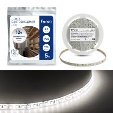 Светодиодная лента Feron 5 м, IP20, SMD2835, 120 LED/м, 9,6 Вт/м, 12 В, свечение белое