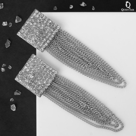 Hanging earrings with Hollywood rhinestones in a square, white color in silver, 9.5 cm-1