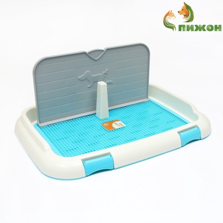 Dog toilet 67 x 46 x 8 cm, with a wall, a removable grill and a column, blue