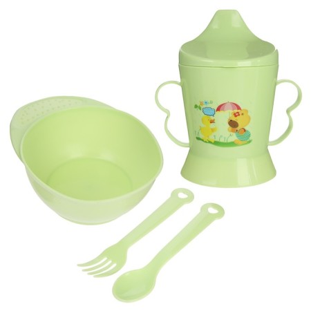 A set of children's dishes, 4 items: bowl, spoon, fork, chip with solid nose 200 ml, MIX color-9