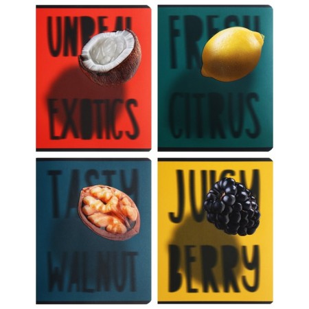 A notebook of 48 sheets in a cage on a clip of Exotic Fruit, covered cardboard, matte lamination, selective varnish, congregation, mix