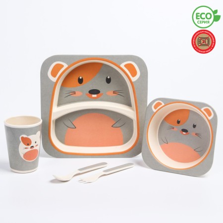 A set of bamboo dishes “Mouse”, plate, bowl, glass, devices, 5 items