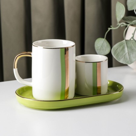 A set of mugs on the ceramic stand "Geometry", 80/200 ml, 2 pcs, green color