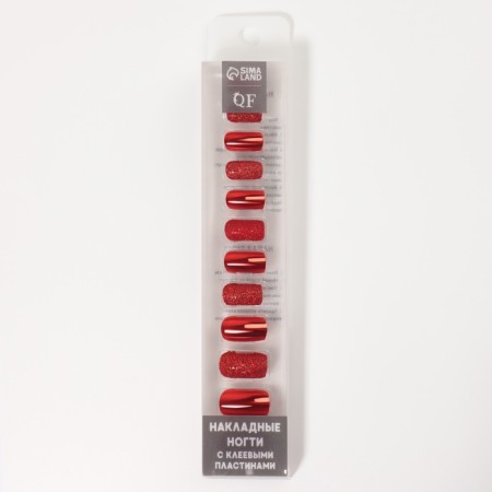 Patch nails, 12 pcs, with adhesive plates, a soft square shape, with sparkles, red-3