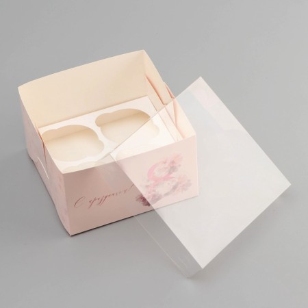 Box for 4 cupcake with a transparent cover, "March 8", 16 × 16 × 10 cm, confectionery packaging-3