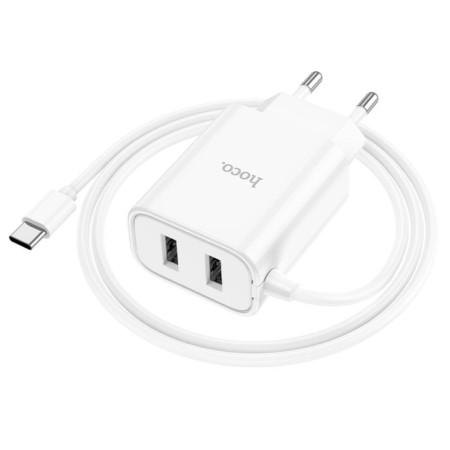 Network charger HOCO C103A, 2 USB, 2.1 A, built-in Type-C, 1 m, white cable.-4