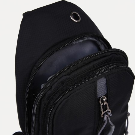 Male sling bag from textiles, headphone opening, black color-6