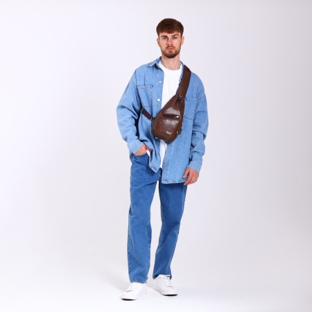 Male sling bag made of artificial leather, with USB, dark brown color-6