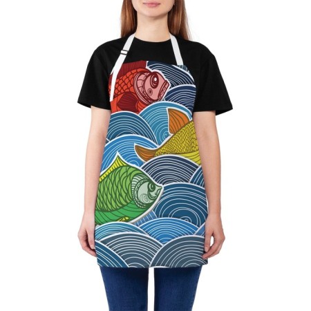 Apron of a kitchen with a photo print "Colorful fish on the waves", adjustable, size OS