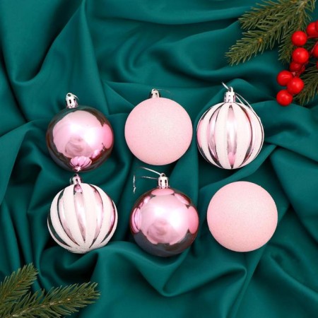 Set of balls plastic D-6 cm, 6 pcs "Gladys strip" white-pink