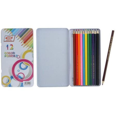 Pencils are colored, in a metal pencil case, 12 colors, sharpened