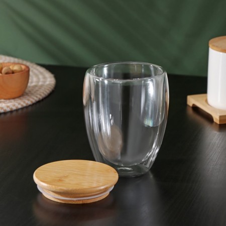 Glass glass with double walls and bamboo lid Bellatenero Eco, 330 ml-3