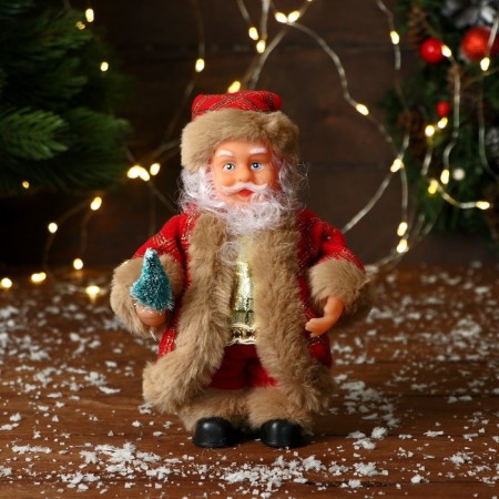 Santa Claus "In a patterned fur coat with a Christmas tree" 19 cm, brown-red