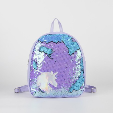Baby backpack for a girl with sequins "Unicorn", a lightning department, blue color-1
