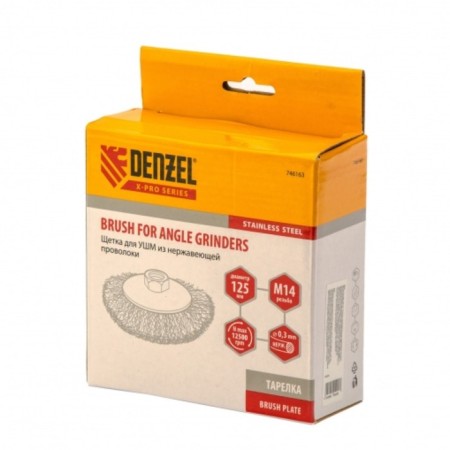 Denzel Ushm brush, 125 mm, M14, plate, twisted stainless wire 0.3 mm-3