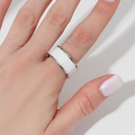 Ring Ceramics "Weid", 1 cm, white color in silver, 18 size-1