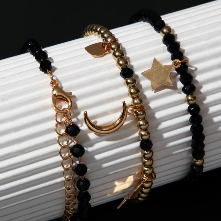 Set 3 bracelet "Style" crescent, star, black color in gold, 6 cm-1