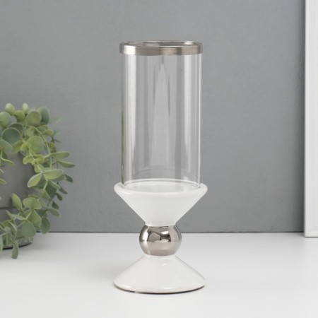 Ceramics candlestick, glass for 1 candle "parallels" d = 7.5 cm white with silver 9.5x9.5x24 cm-1