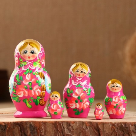 Nesting doll "rose", pink dress, 5 puppet, 10 cm