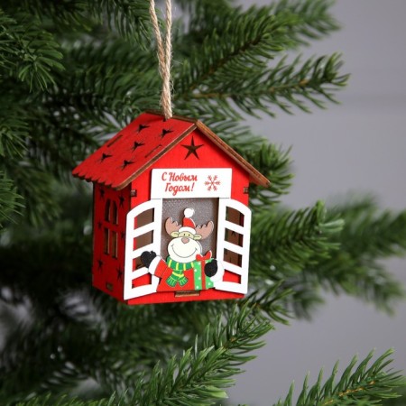 Christmas tree toy "House with a deer", from batteries, a glow of warm white-1
