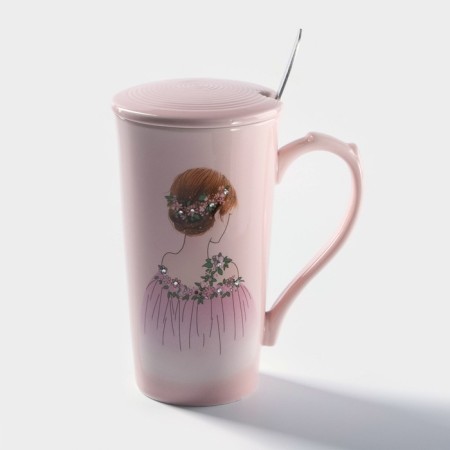 Ceramic mug with a lid and a spoon "Ball splendor", 300 ml, color mix-4