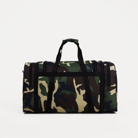 Road bag on a zipper, with an increase, 3 outer pockets, a long belt, camouflage color/brown-1